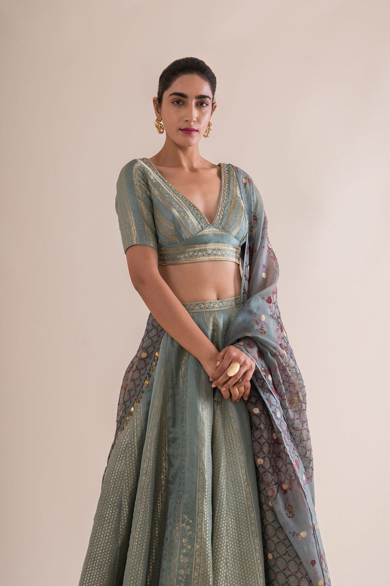 Handwoven Mint Silk Lehenga With Printed Dupatta