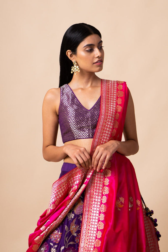 Handwoven Purple Silk Lehenga with Birds and Floral Motifs (The Crossing 2019)