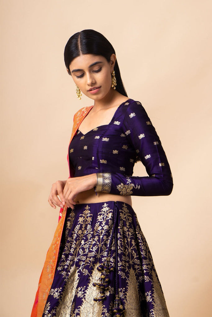Handwoven Indigo Silk Lehenga with Lotus Flora Pattern (The Crossing 2019)