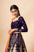 Handwoven Indigo Silk Lehenga with Lotus Flora Pattern (The Crossing 2019)