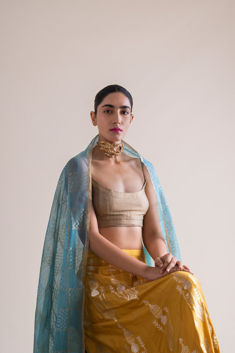 Handwoven Mustard Silk Lehenga Skirt