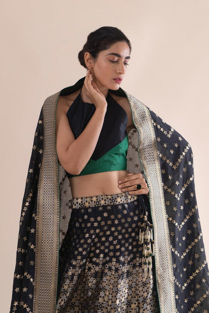 Handwoven Black and Green Silk Lehenga