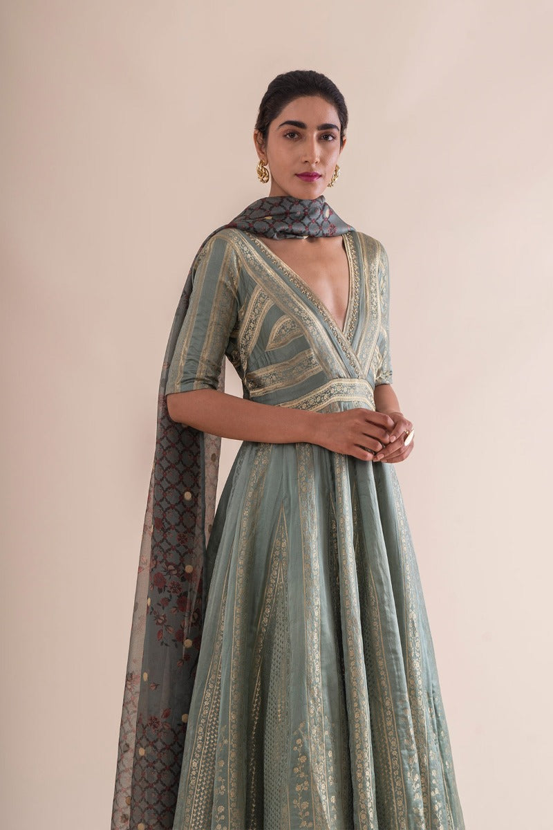Teal Georgette Floor Length Anarkali Suit With Banaras Dupatta - Salwar  Kameez Designer Collection