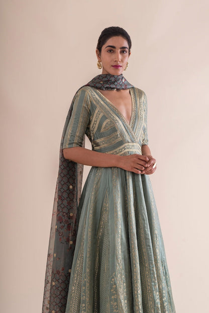 Handwoven Mint  Silk Anarkali Suit and Churidar with Dupatta