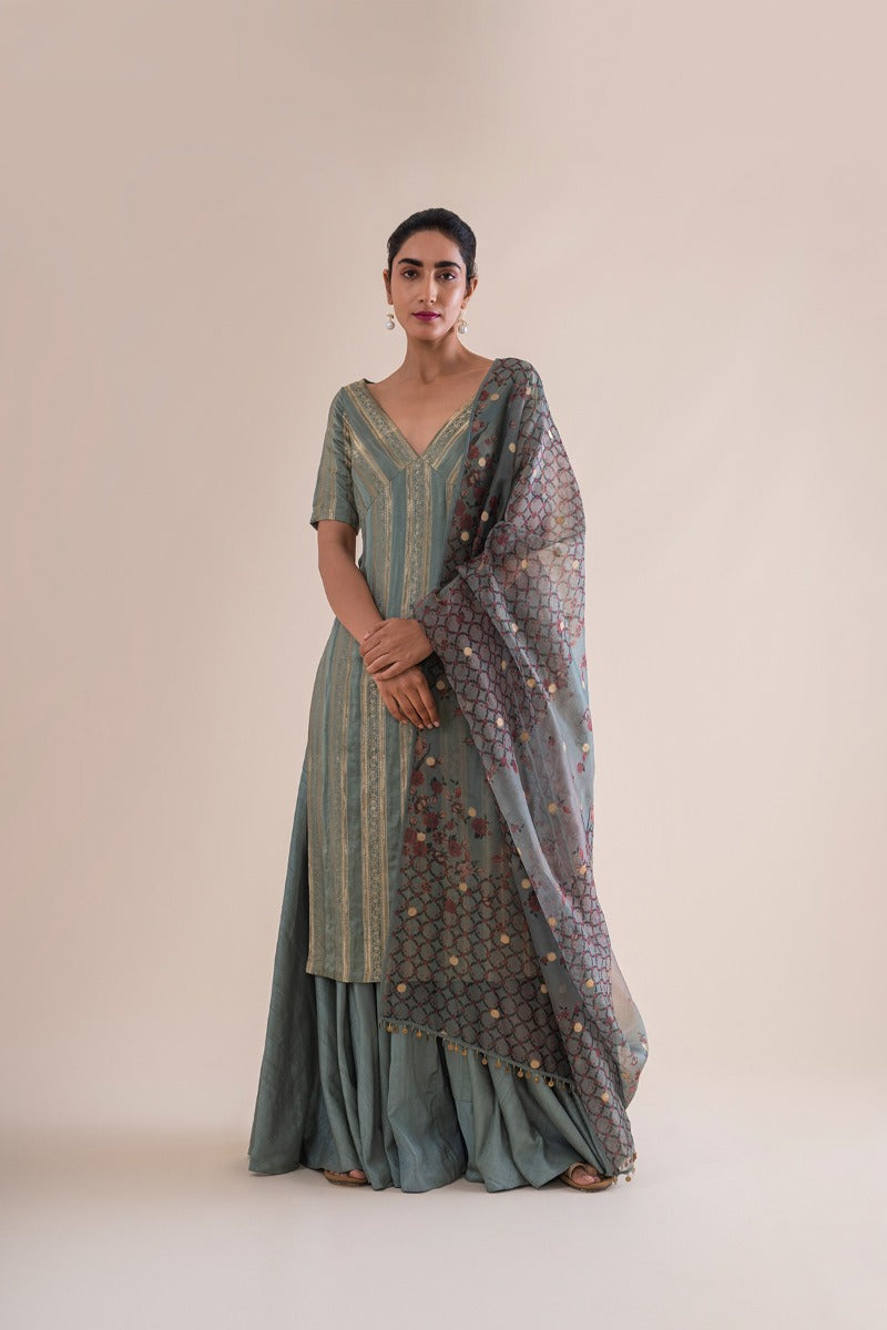 Handwoven Mint  Silk Kurta and Palazzo with Dupatta