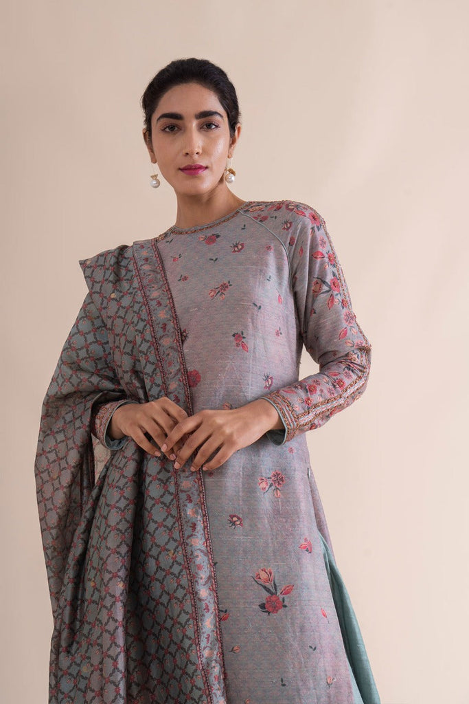 Handwoven stone grey Digital Printed Silk Kurta and palazzo With Dupatta