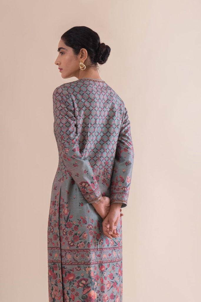 Handwoven  stone grey Digital Printed Silk Kurta and pants