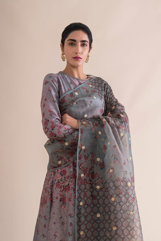 Handwoven stone grey Silk Anarkali Suit and churidar with dupatta