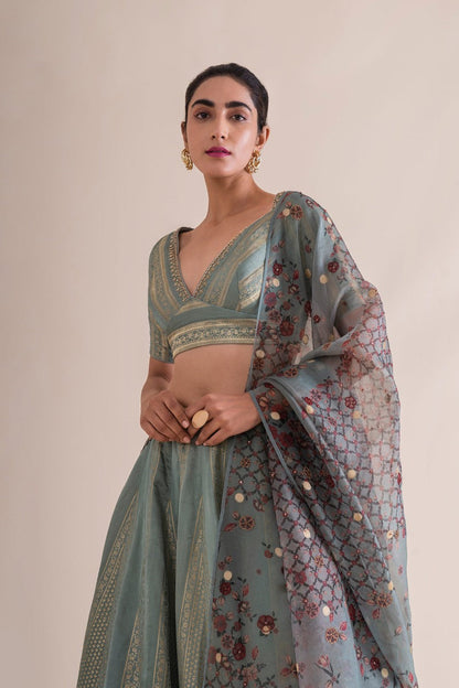 Handwoven Mint Silk Lehenga With Printed Dupatta