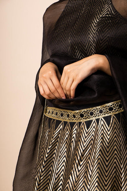 Handwoven Black Silk Chevron Lehenga (The Crossing 2019)