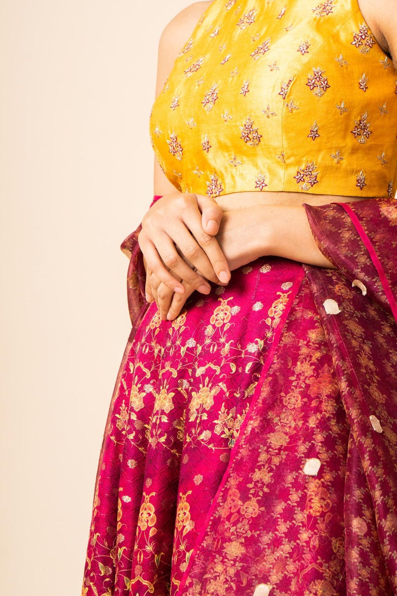 Handwoven Garnet Digital Printed Silk Lehenga