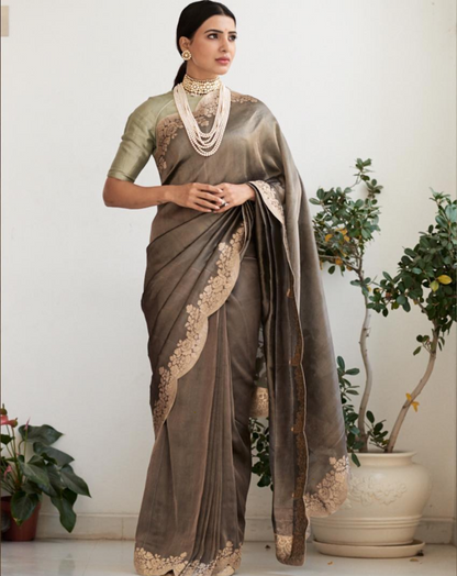 Samantha In Handwoven Slate Grey Tissue Silk Sari