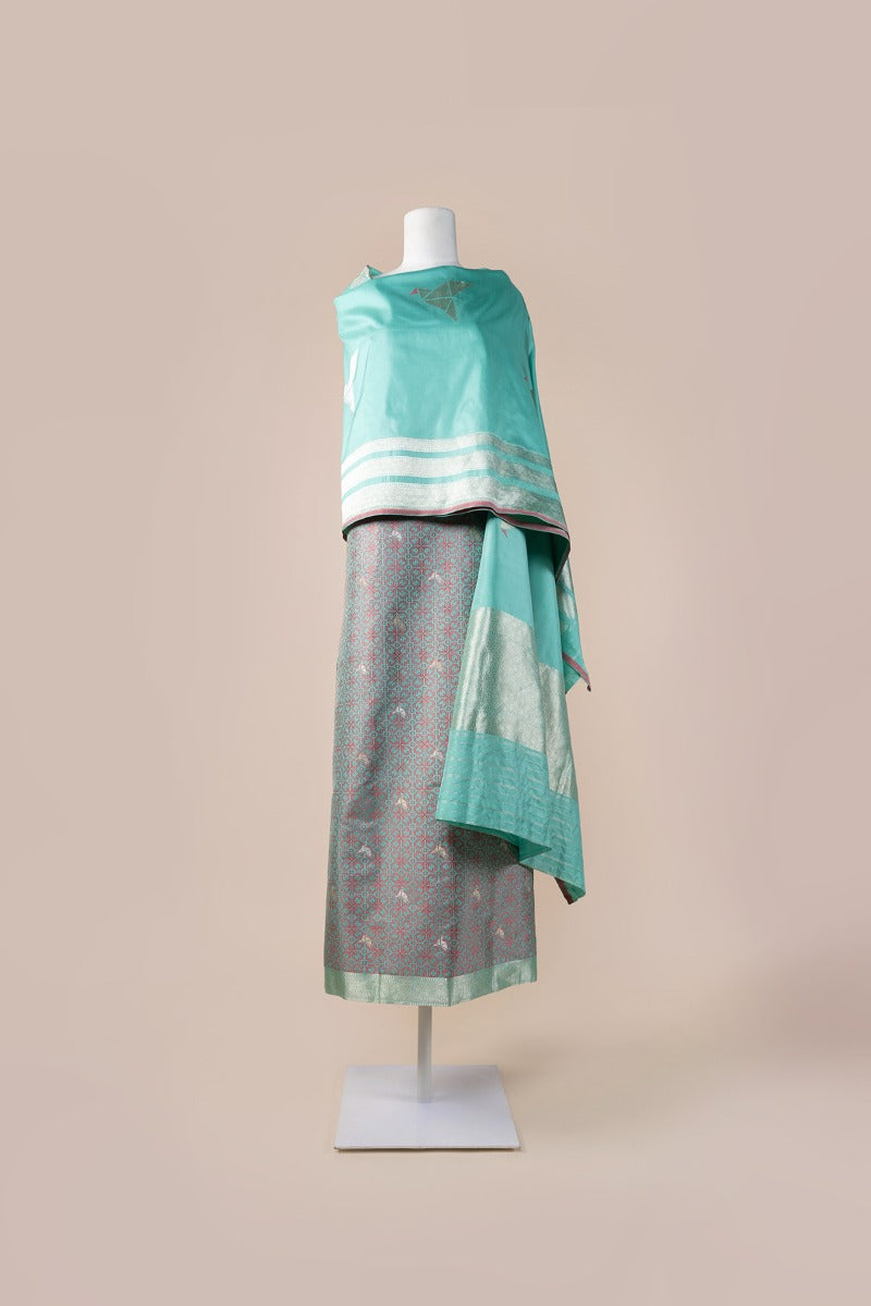 Handwoven Turqouise Silk Suit Piece With Bird Motif Silk Dupatta