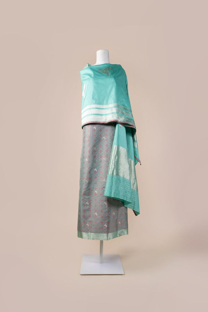 Handwoven Turqouise Silk Suit Piece With Bird Motif Silk Dupatta