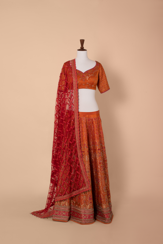 Handwoven Orange Embellished Banarasi Silk Lehenga