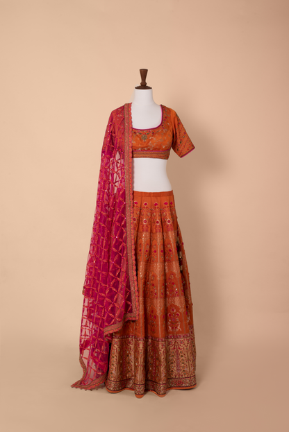 Handwoven Orange Embellished Banarasi Silk Lehenga