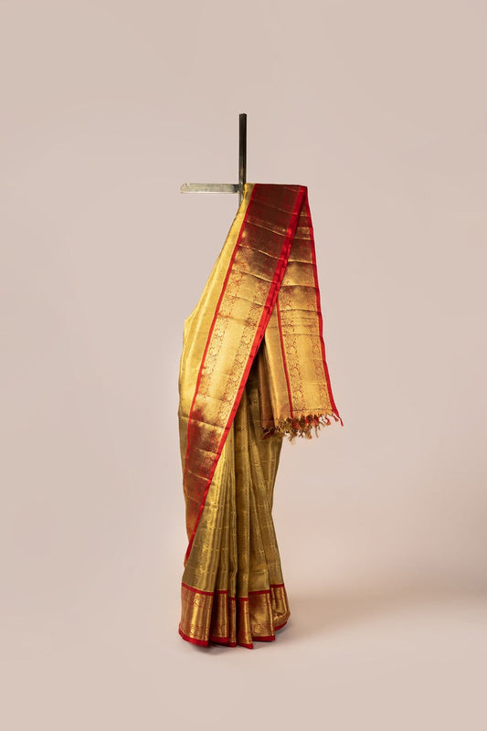 Handwoven Golden Kanjivaram Real Zari Silk Sari