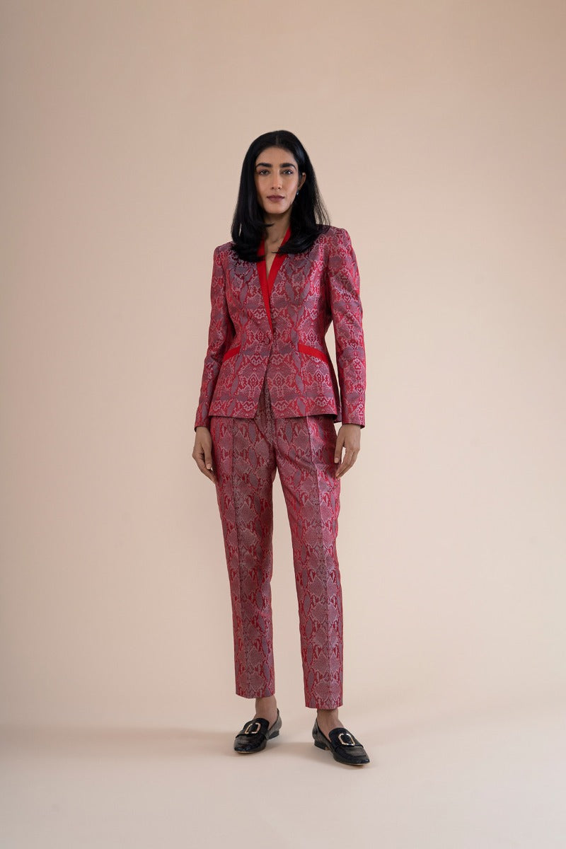 Handwoven Red Snake Skin Inspired Tuxedo With Pants | Ekaya Banaras