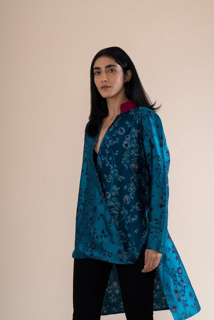 Handwoven Teal Green Reversed Fabric High-Low Top With Surplice Neckline