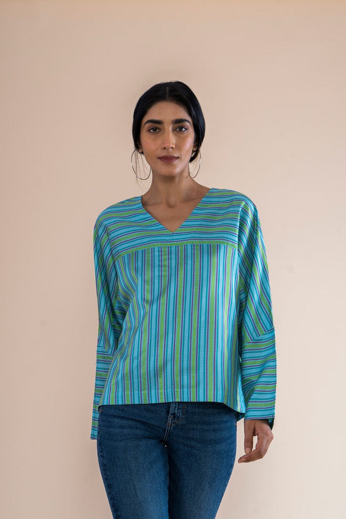 Handwoven Blue V- Neck Top