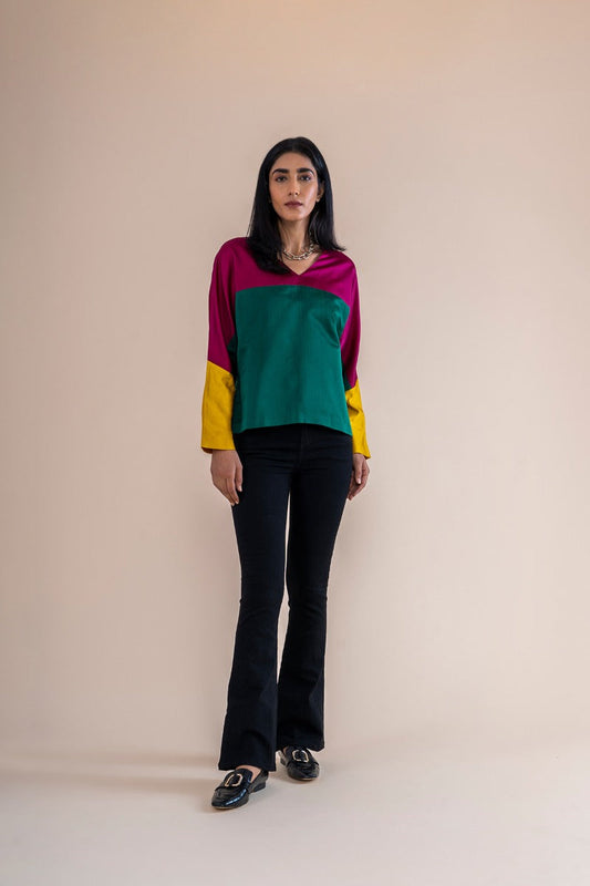 Handwoven Color Block V-Neck Top