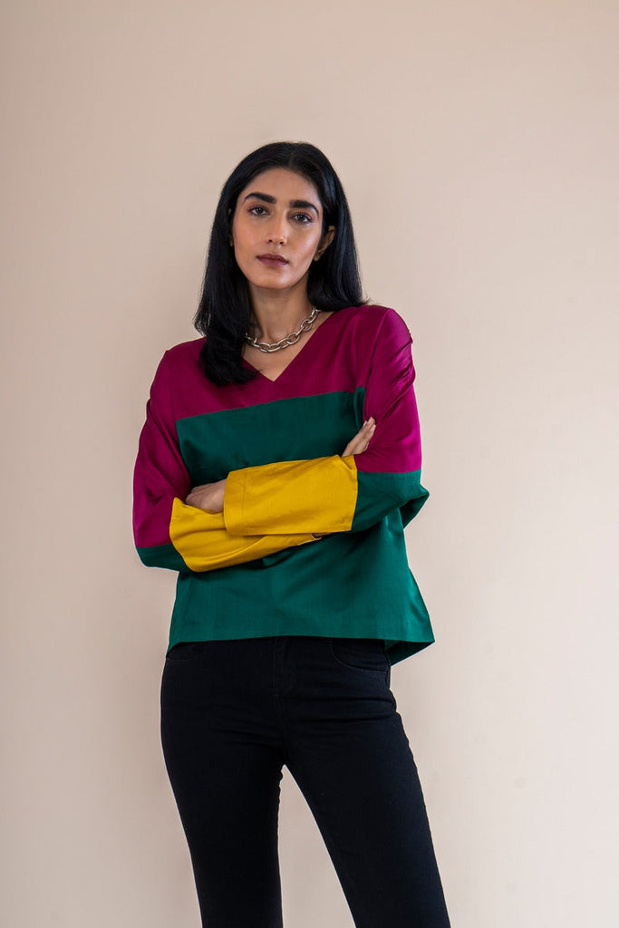 Handwoven Color Block V-Neck Top