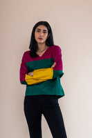 Handwoven Color Block V-Neck Top
