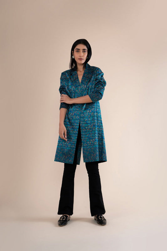 Handwoven Blue Leapord Print Inspired Long Jacket