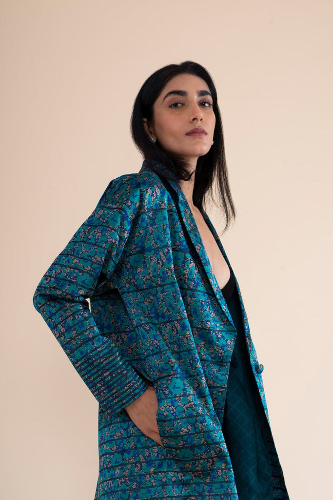 Handwoven Blue Leapord Print Inspired Long Jacket