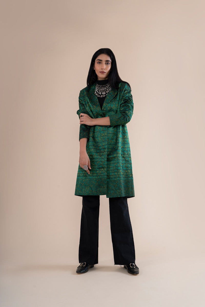 Handwoven Green Leapord Print Inspired Long Jacket