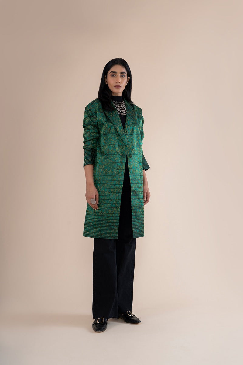 Handwoven Green Leapord Print Inspired Long Jacket