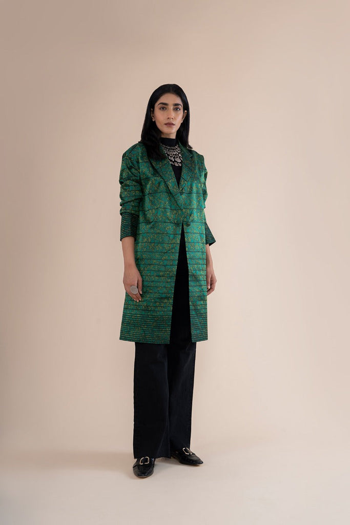 Handwoven Green Leapord Print Inspired Long Jacket