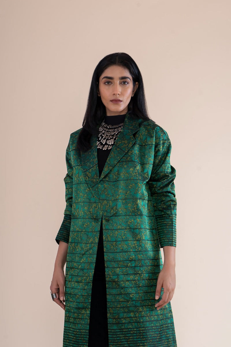 Handwoven Green Leapord Print Inspired Long Jacket