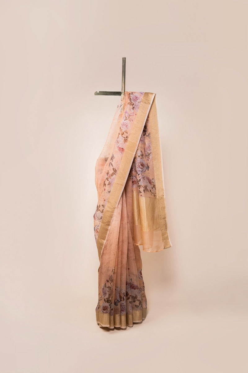 Handwoven Yellow Digital Print Organza Sari