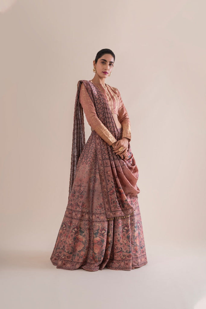 Handwoven Peach Digital Printed Silk Lehenga