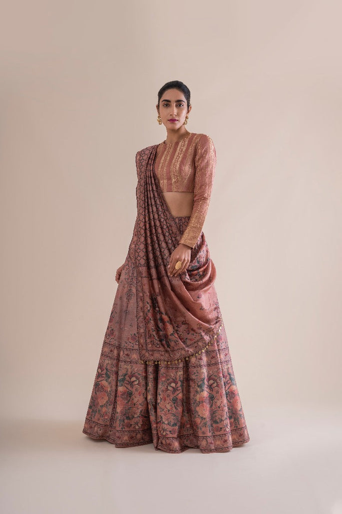 Handwoven Peach Digital Printed Silk Lehenga