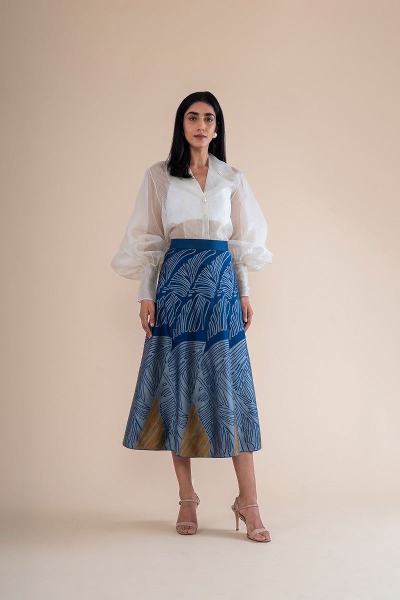 Handwoven Blue Silk Twisted Skirt With Abstract Leaf Pattern | Ekaya ...