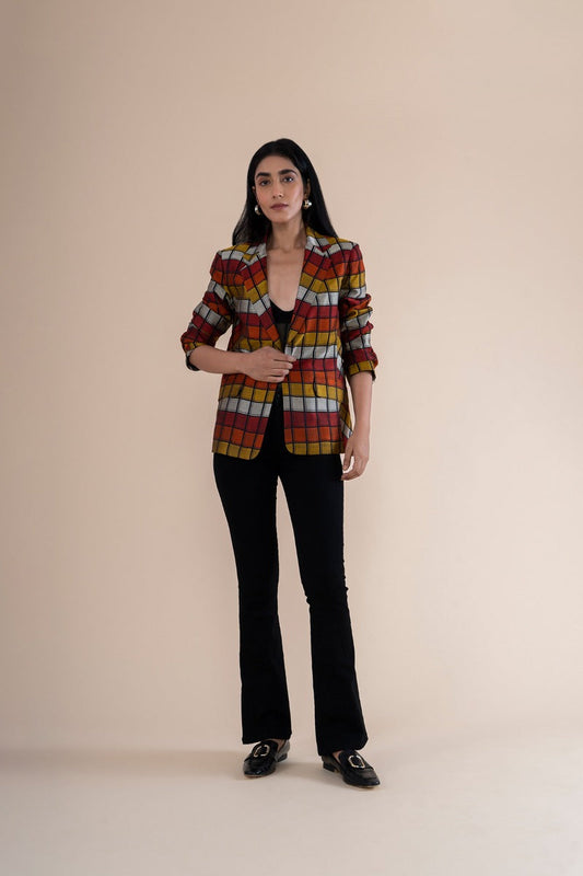 Handwoven Color Block Checkered Blazer