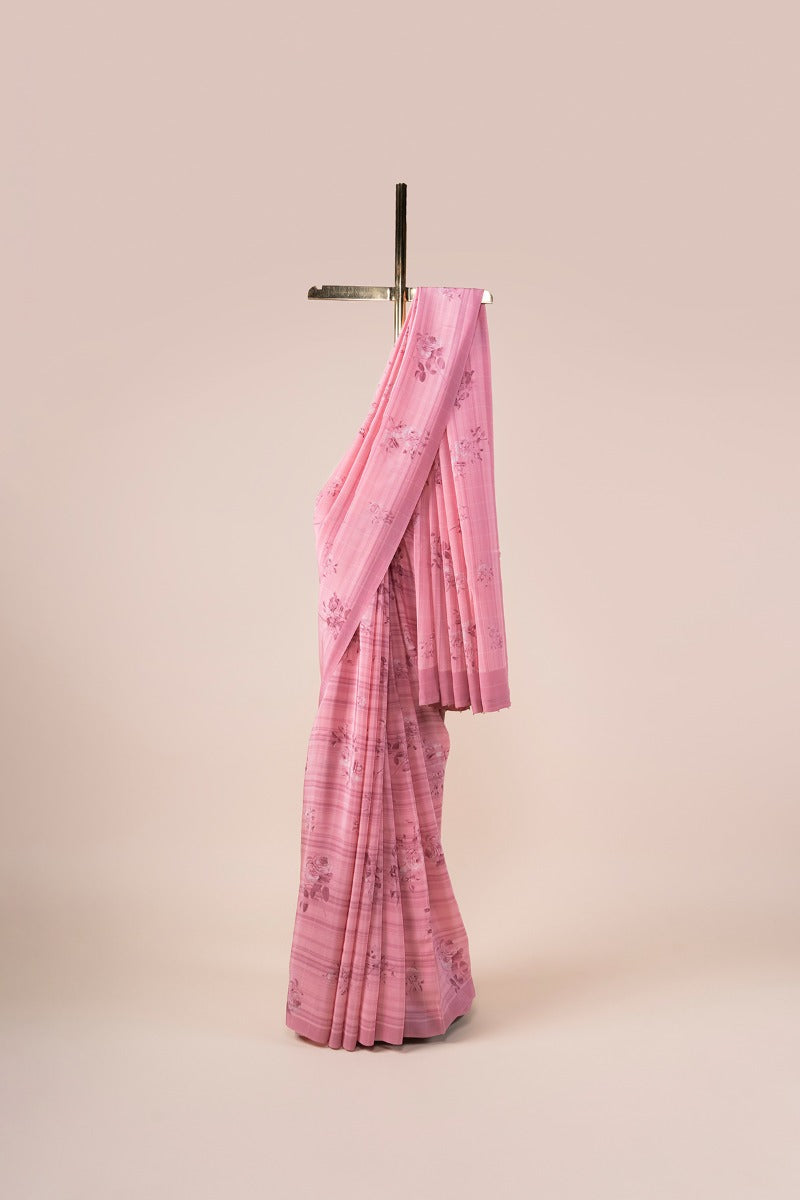 Handwoven Rose Pink Digital Print Crepe Sari