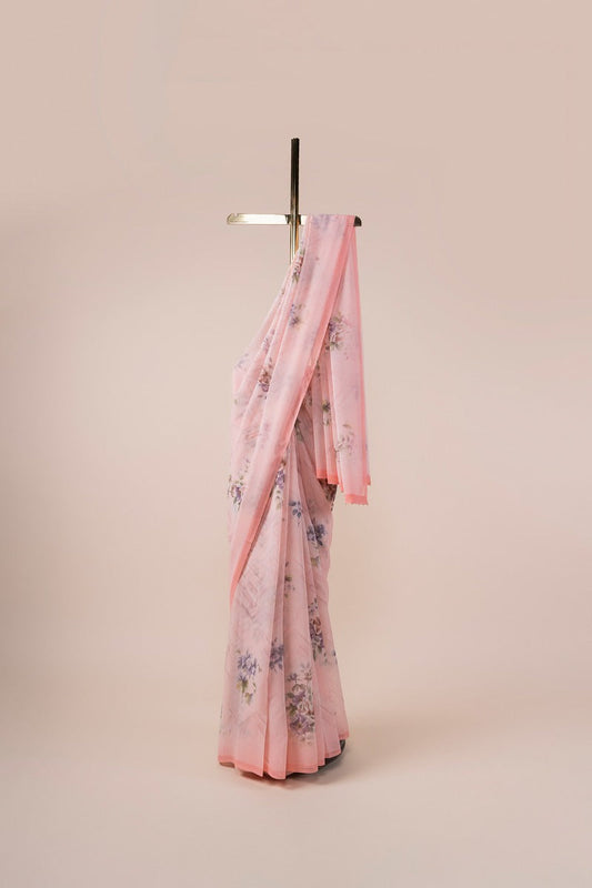 Handwoven Light Pink Digital Print Georgette Sari