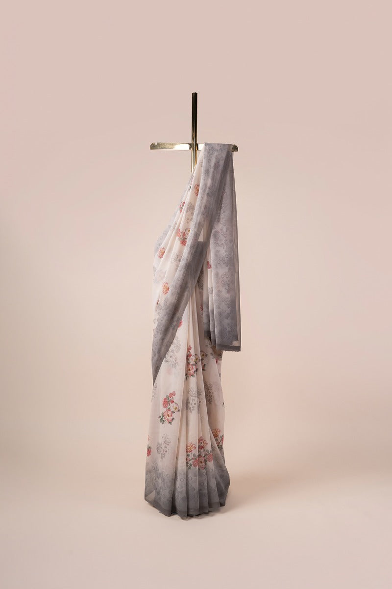 Handwoven Grey Digital Print Georgette Sari