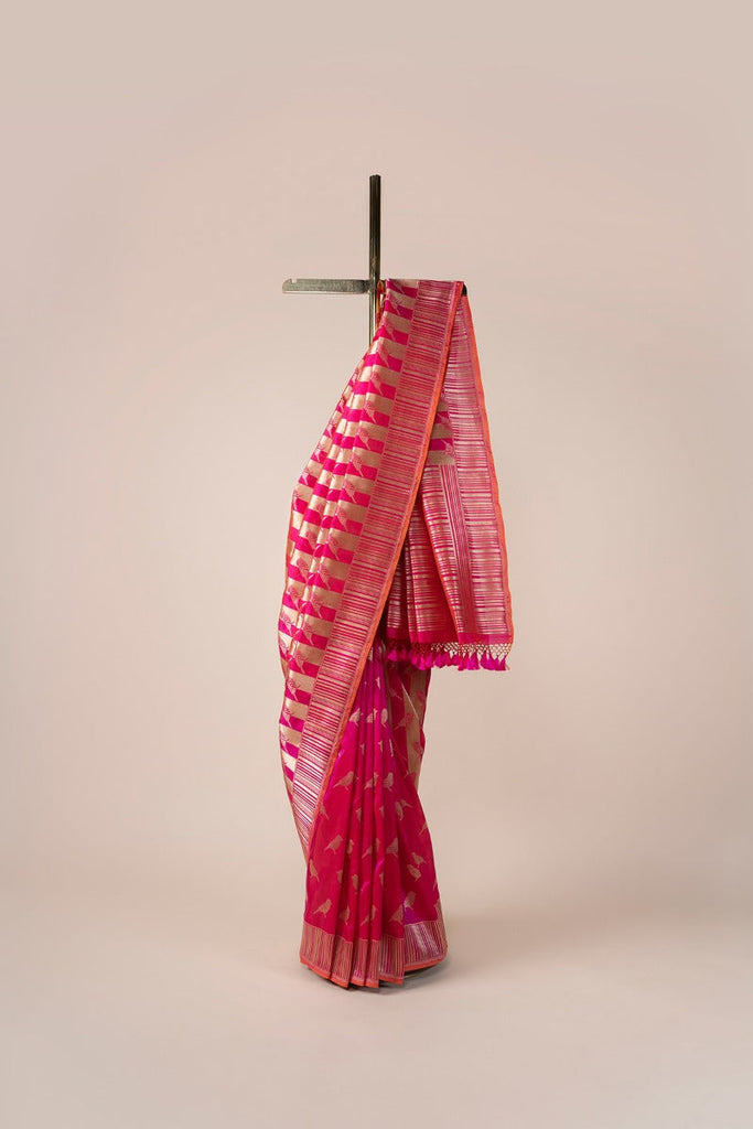 Shilpa Shetty in Handwoven Pink Striped Silk Sari With Bird Motifs