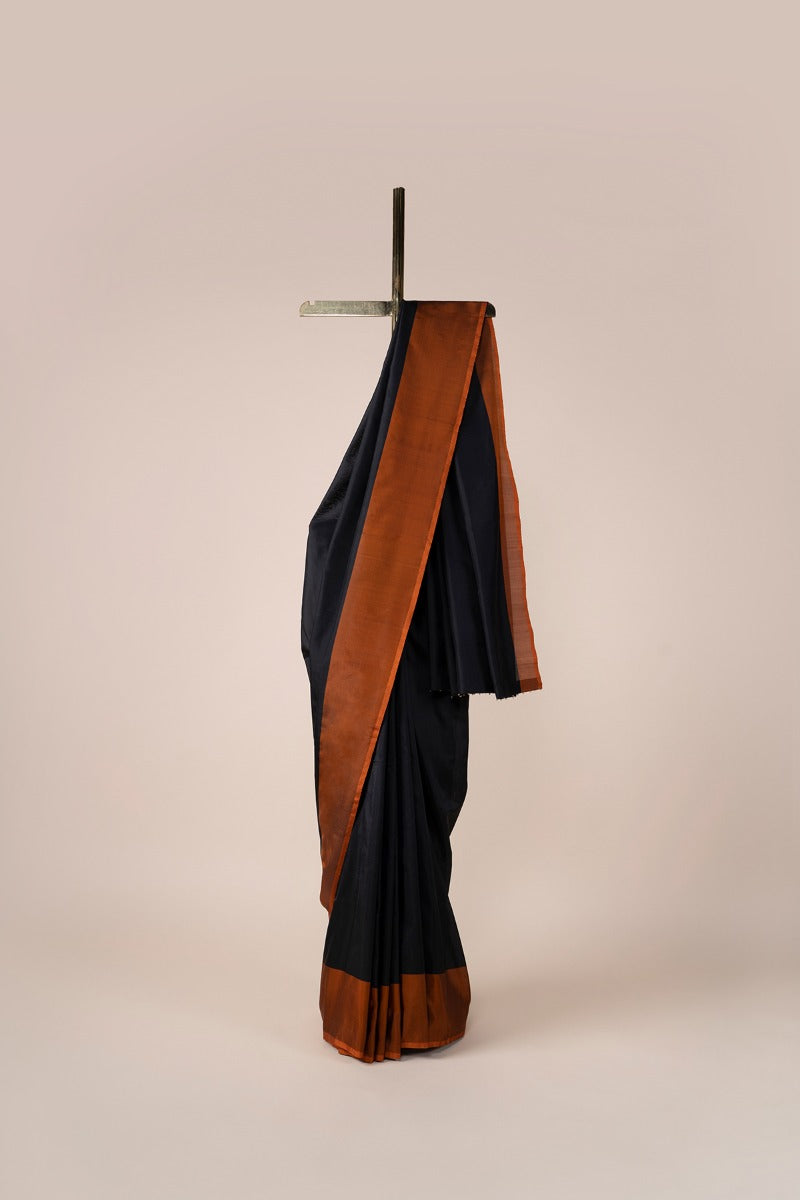 Handwoven Black Banarasi Silk Sari With Copper Border