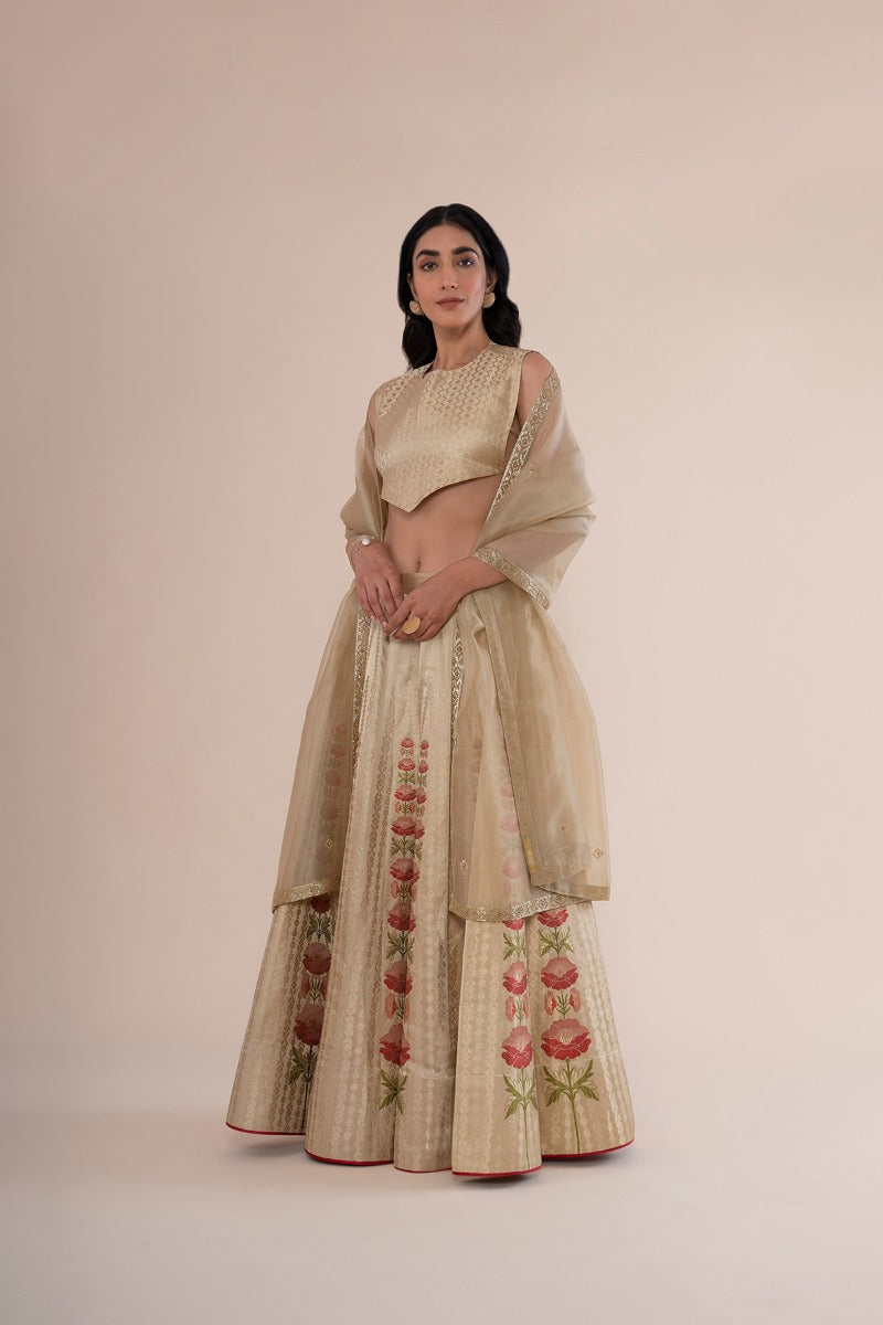 Handwoven Beige Gold Satin Silk Lehenga