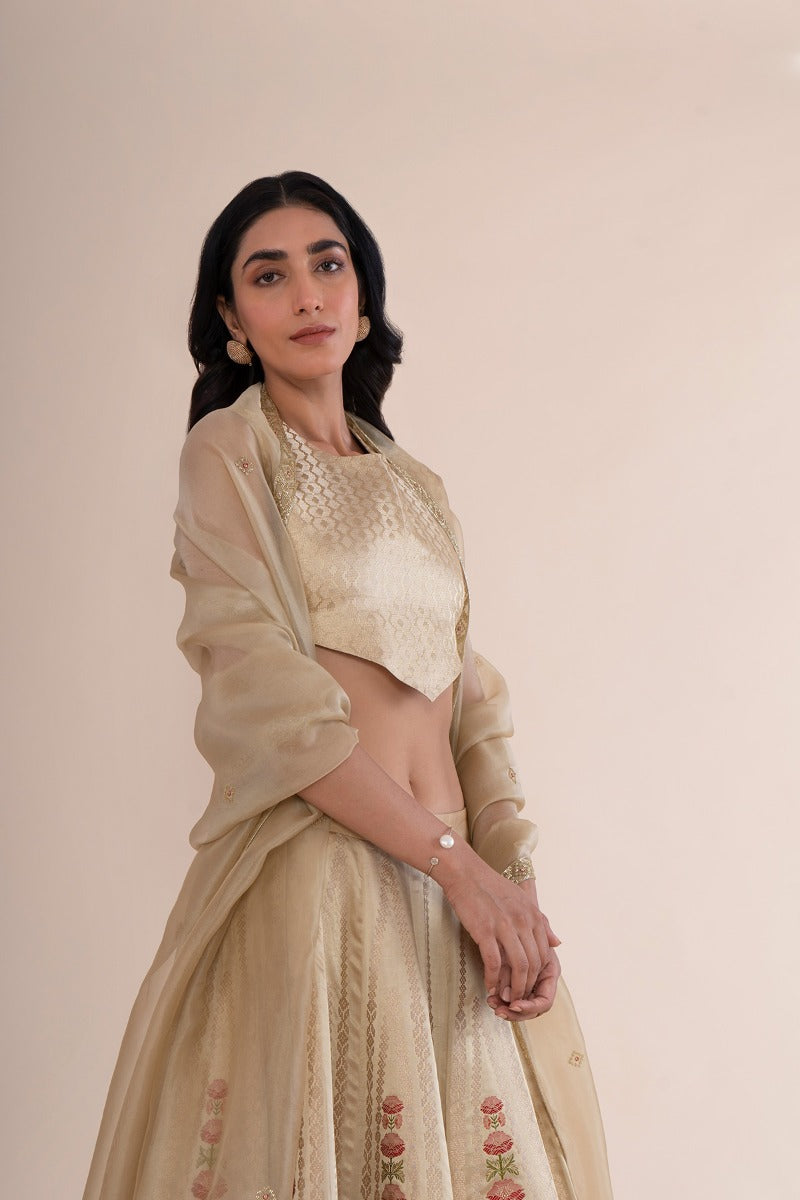 Handwoven Beige Gold Satin Silk Lehenga