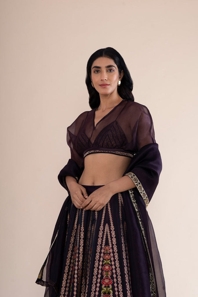 Sobhita Dhulipala in Handwoven Deep Wine Satin Silk Lehenga