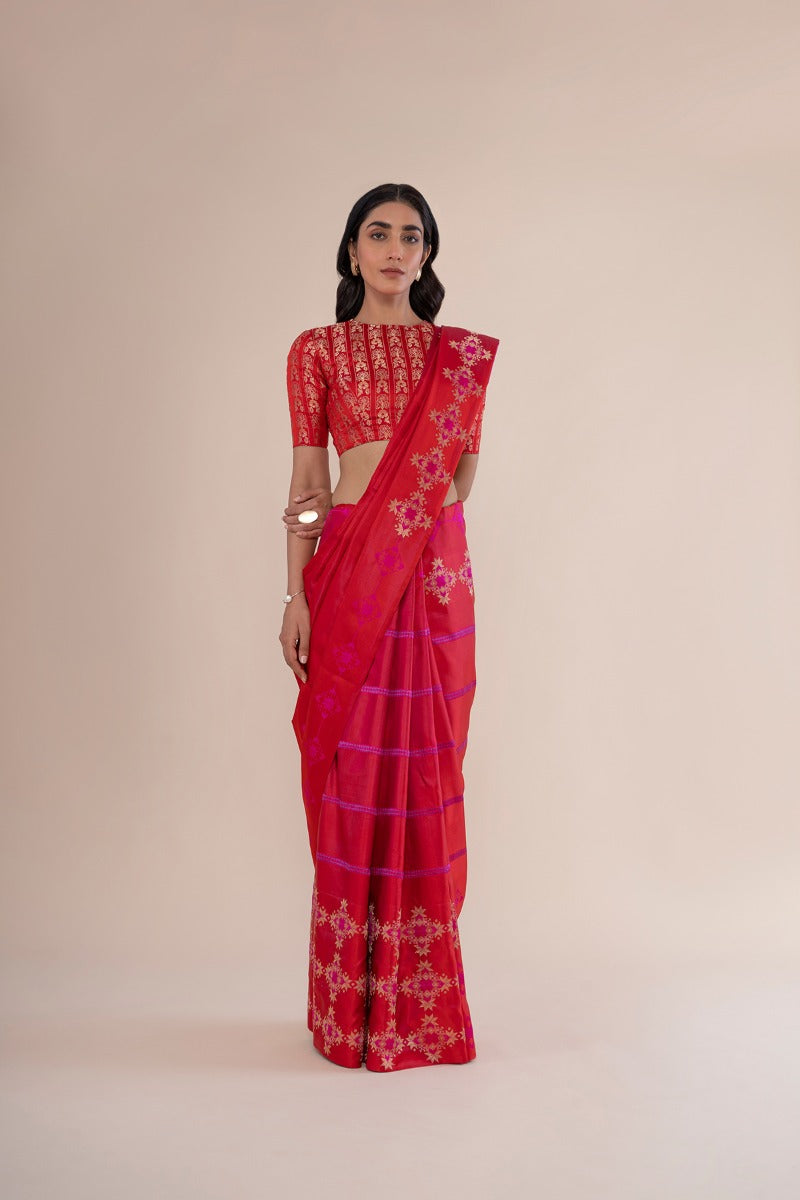 Handwoven Cherry Red Satin Silk Saris