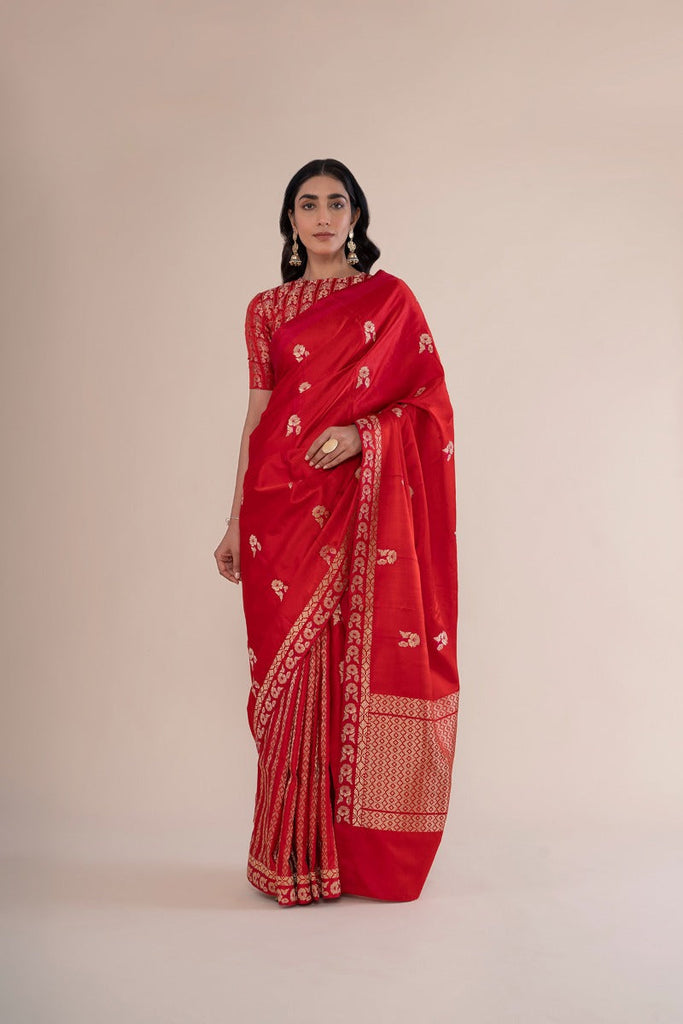 Handwoven Scarlet Red Satin Silk Saree