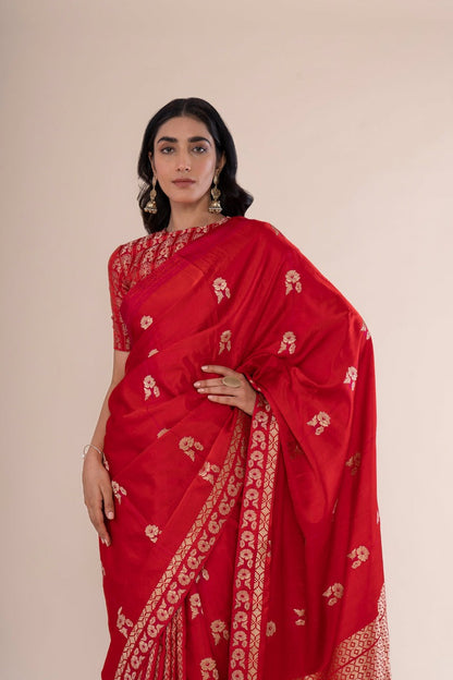 Handwoven Scarlet Red Satin Silk Saree