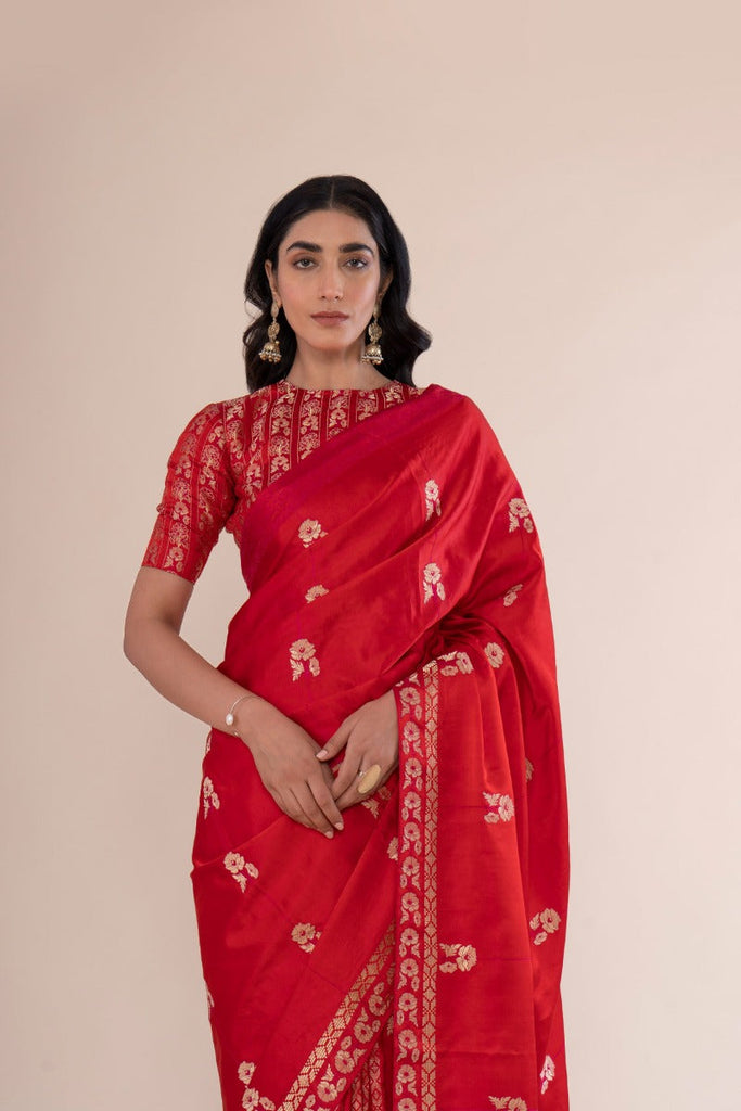 Handwoven Scarlet Red Satin Silk Saree